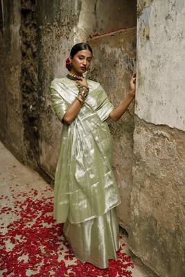 Pastel Pista Handloom Tissue Saree 4