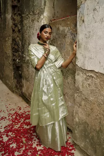 Pastel Pista Handloom Tissue Saree