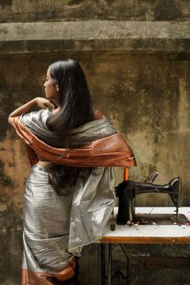 Copper And Silver Tissue Saree Without Blouse 3