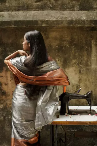 Copper And Silver Tissue Saree Without Blouse