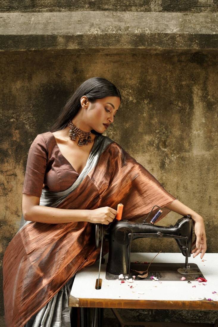 Copper And Silver Tissue Saree Without Blouse