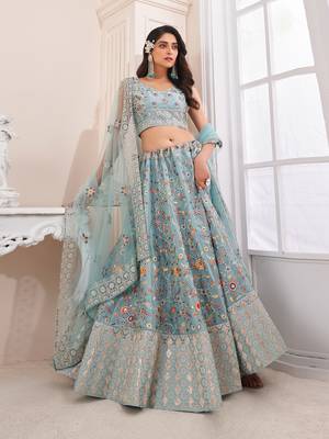 Fusionic turquoise embroidered lehenga-choli with blouse 2