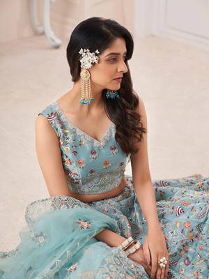 Fusionic turquoise embroidered lehenga-choli with blouse 4