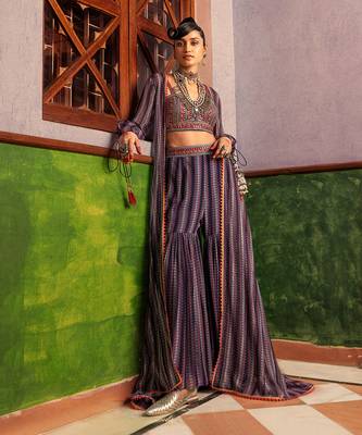 Blue printed & embroidered jacket set 1