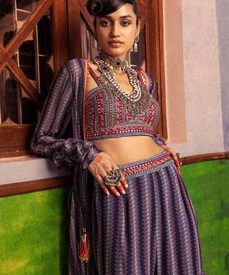 Blue printed & embroidered jacket set 2