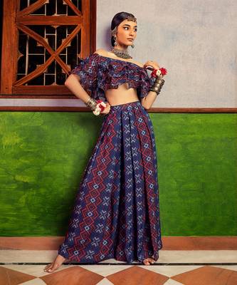 Blue printed ruffles top & pant set 1