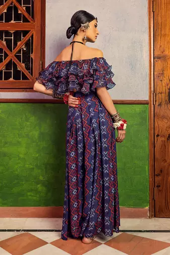 Blue printed ruffles top & pant set