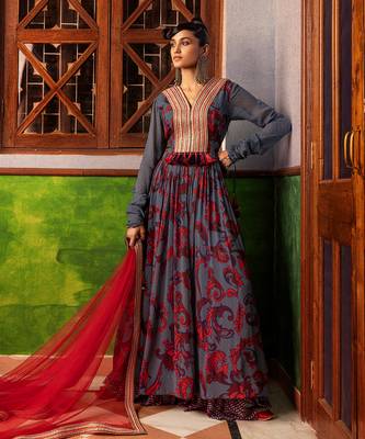 Blue printed & embroidered dress 1