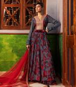 Blue printed & embroidered dress