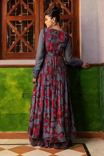 Blue printed & embroidered dress
