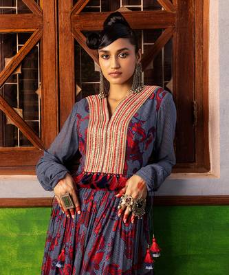 Blue printed & embroidered dress 4