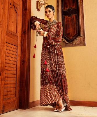 Brown printed tiered dress 1