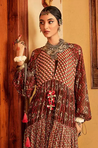 Brown printed tiered dress