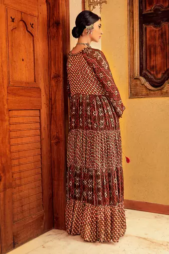 Brown printed tiered dress