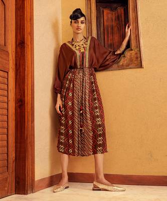 Brown satin printed dress 2