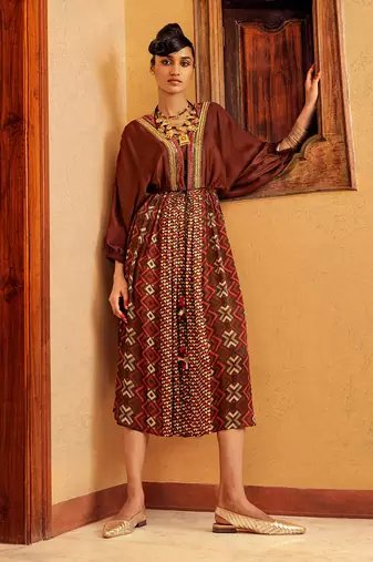 Brown satin printed dress