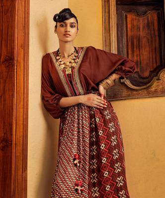 Brown satin printed dress 1
