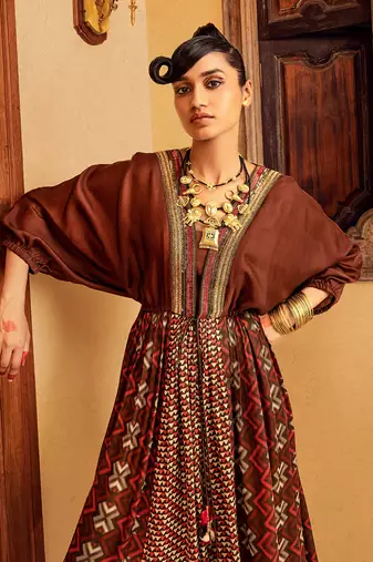 Brown satin printed dress