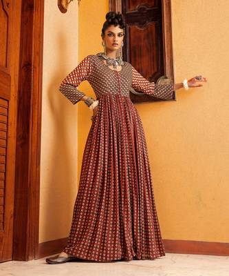 Brown cotton printed dress 1