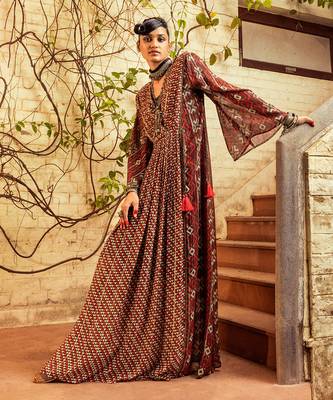 Brown printed & embroidered dress 1