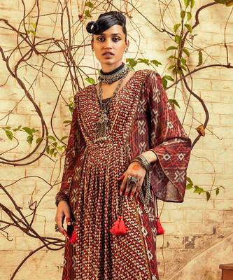 Brown printed & embroidered dress 2