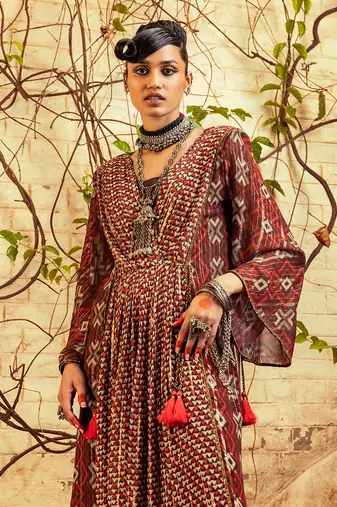 Brown printed & embroidered dress