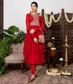 Red embroidered anarkali set