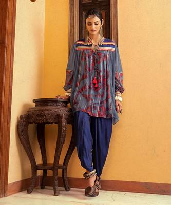 Blue printed & embroidered tunic 1