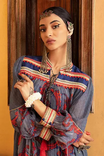 Blue printed & embroidered tunic