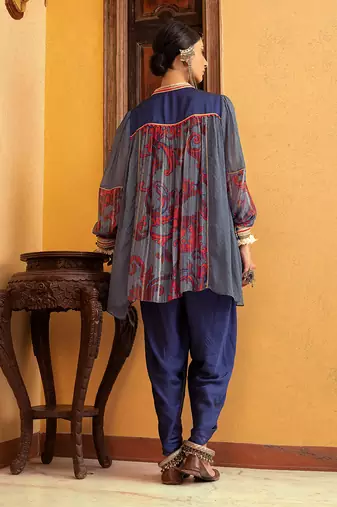 Blue printed & embroidered tunic