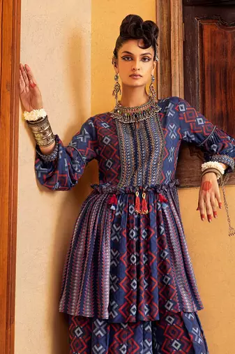 Blue cotton printed kurta set