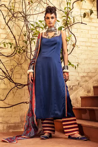 Blue satin printed kurta set