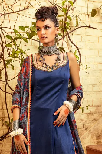 Blue satin printed kurta set