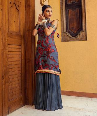 Blue printed & embroidered kurta set 1