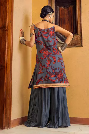 Blue printed & embroidered kurta set