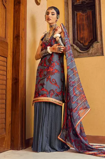 Blue printed & embroidered kurta set