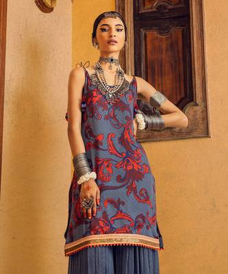 Blue printed & embroidered kurta set 4