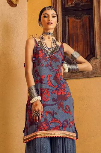 Blue printed & embroidered kurta set