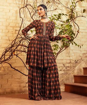 Brown printed & embroidered sharara set 1