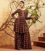 Brown printed & embroidered sharara set
