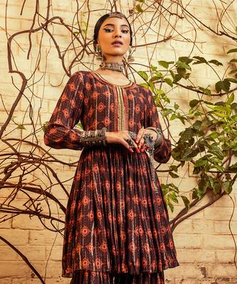 Brown printed & embroidered sharara set 2