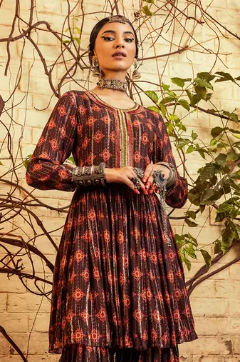 Brown printed & embroidered sharara set