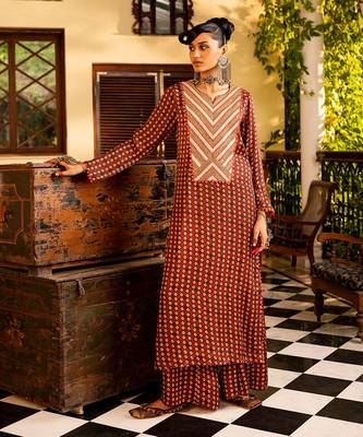 Brown printed & embroidered kurta set 1