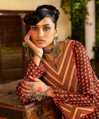 Brown printed & embroidered kurta set 3
