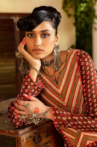 Brown printed & embroidered kurta set