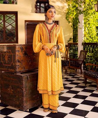 Yellow cotton printed kurta set 1