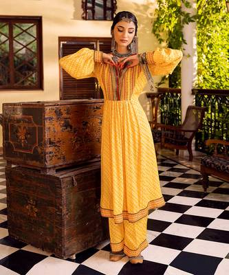 Yellow cotton printed kurta set 2