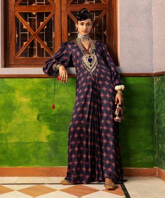 Blue printed & embroidered kaftan 1