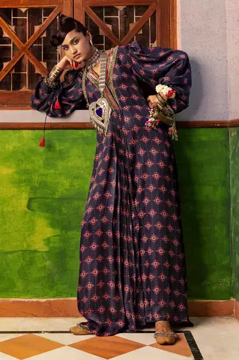 Blue printed & embroidered kaftan