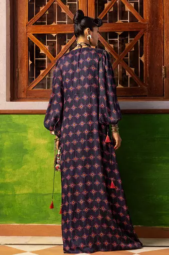 Blue printed & embroidered kaftan